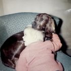 Young child hugging dog in chair